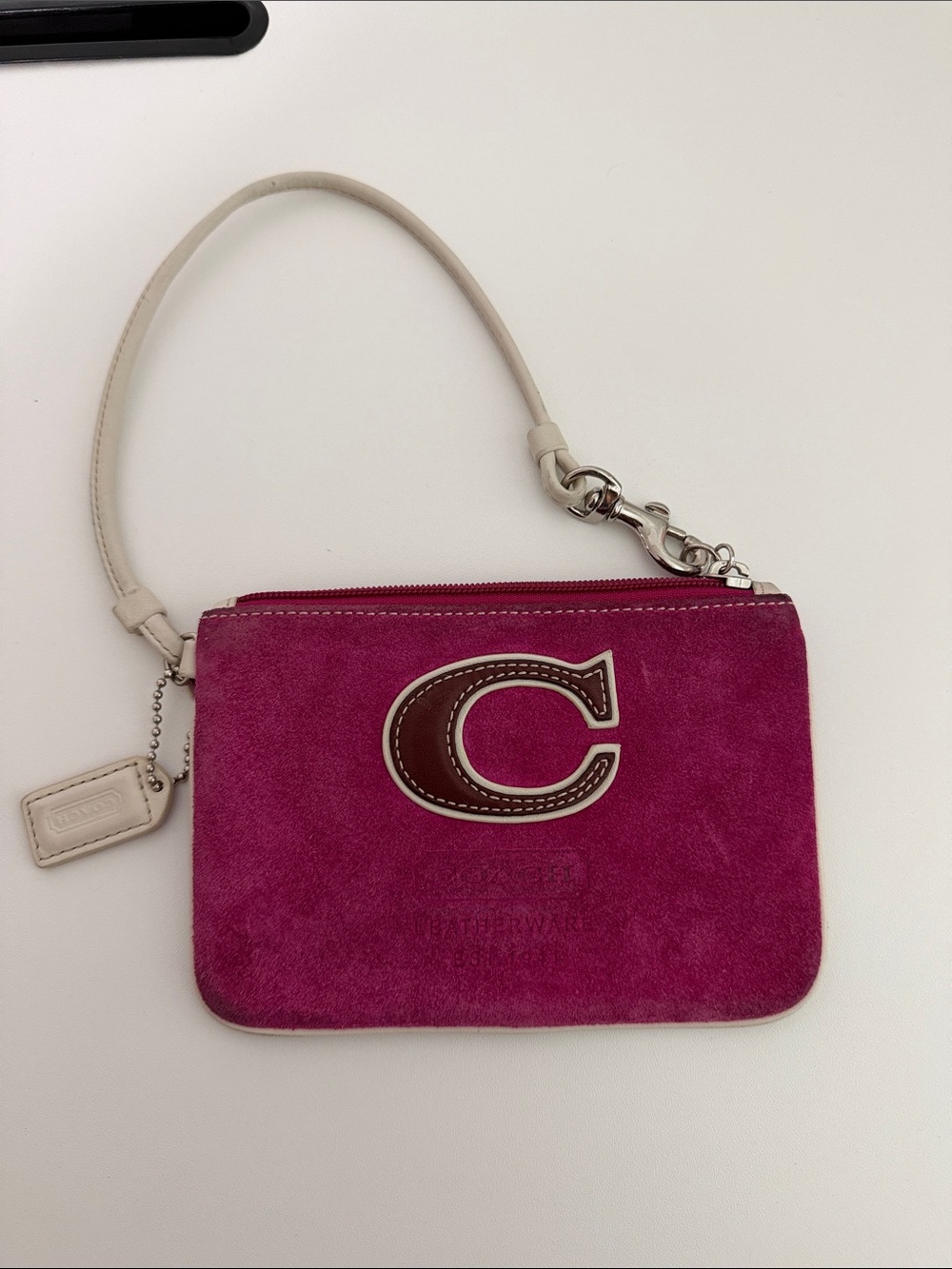 Coach Pink Suede Wristlet with Cream Strap and Brown 'C' Patch